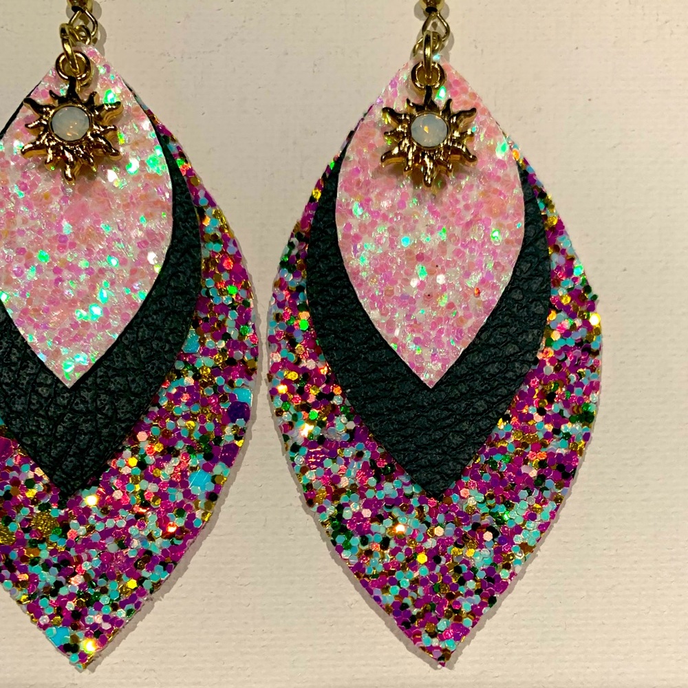Glitter Faux Leather earrings with gold Opal accent charm - Picture 2 of 5